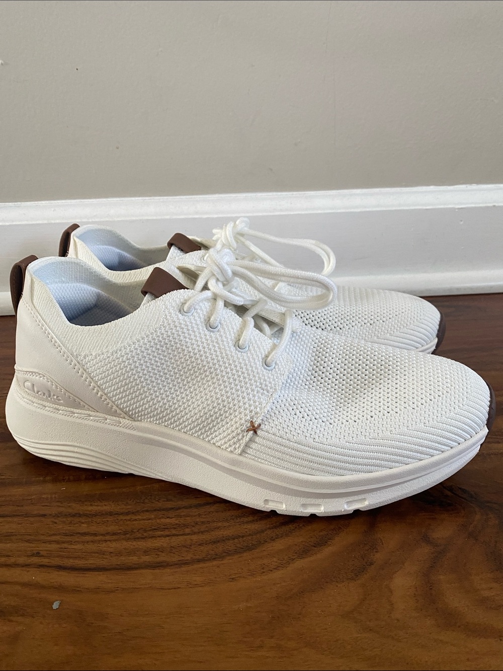 Clarks White Knit Lace-Up Sneakers with Brown Heel Tabs